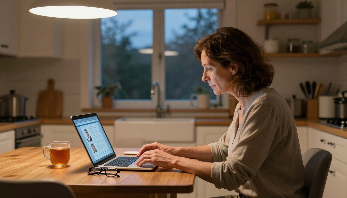Woman reading a digital medical flipbook on a laptop at home in the evening
