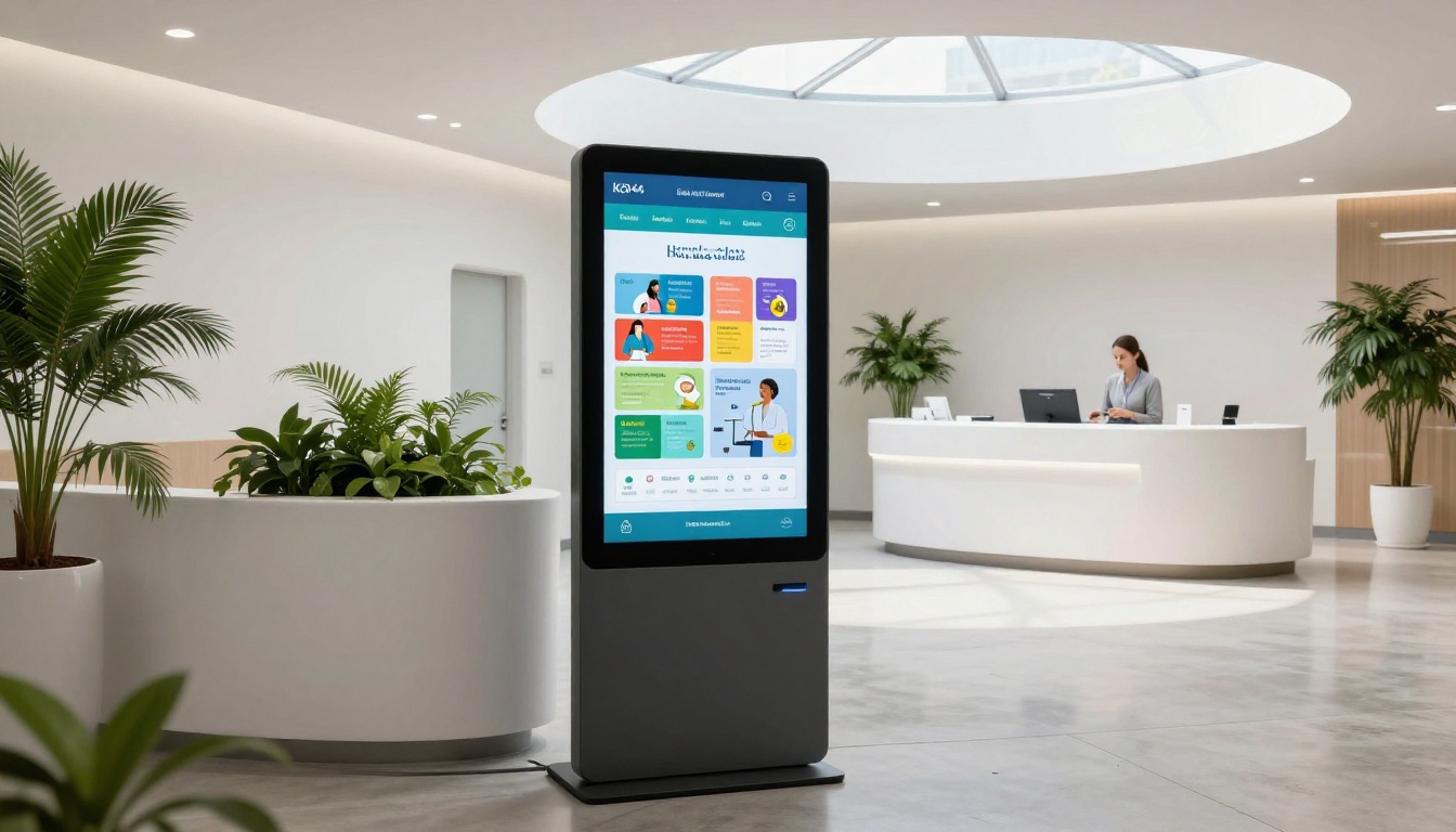 Modern medical clinic reception area with a digital display kiosk showing patient health information