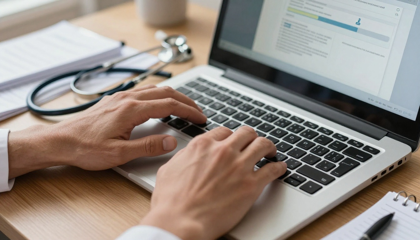 Doctor's hands uploading a PDF document on a laptop with a stethoscope on the desk