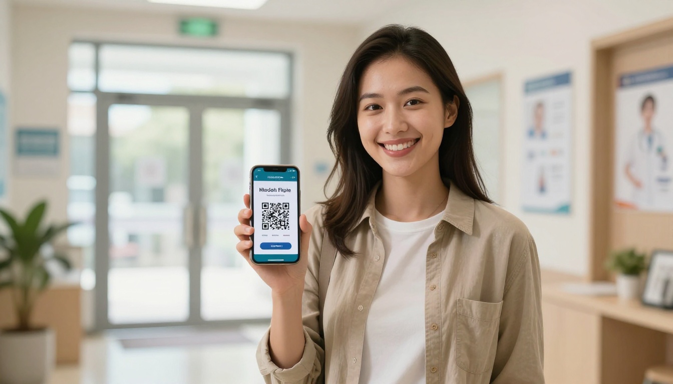 Smiling female patient leaving a doctor's office holding her smartphone displaying a QR code link to a digital health flipbook
