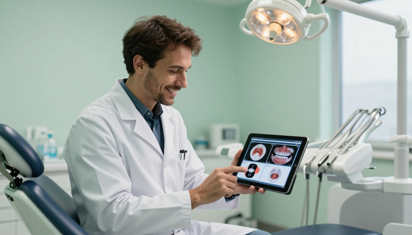 Dentist showing digital flipbook to patient on tablet Dentist showing digital flipbook to patient on tablet