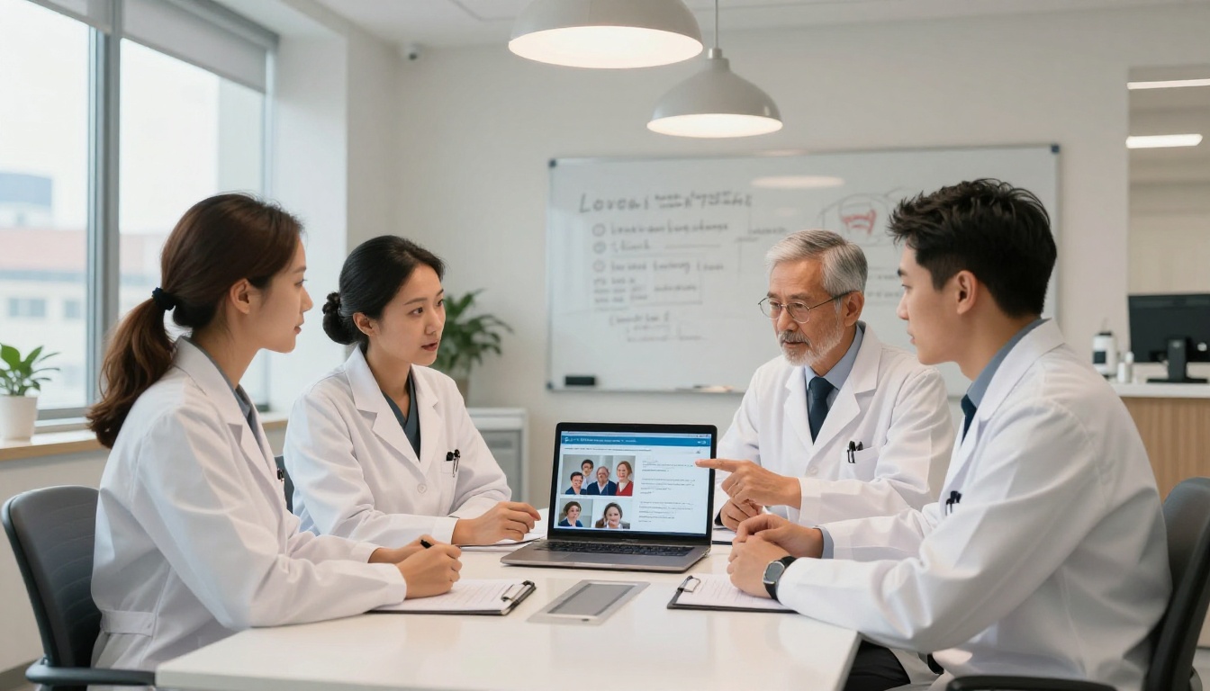 Dental team of three professionals reviewing flipbook presentation on laptop in meeting room Dental team of three professionals reviewing flipbook presentation on laptop in meeting room