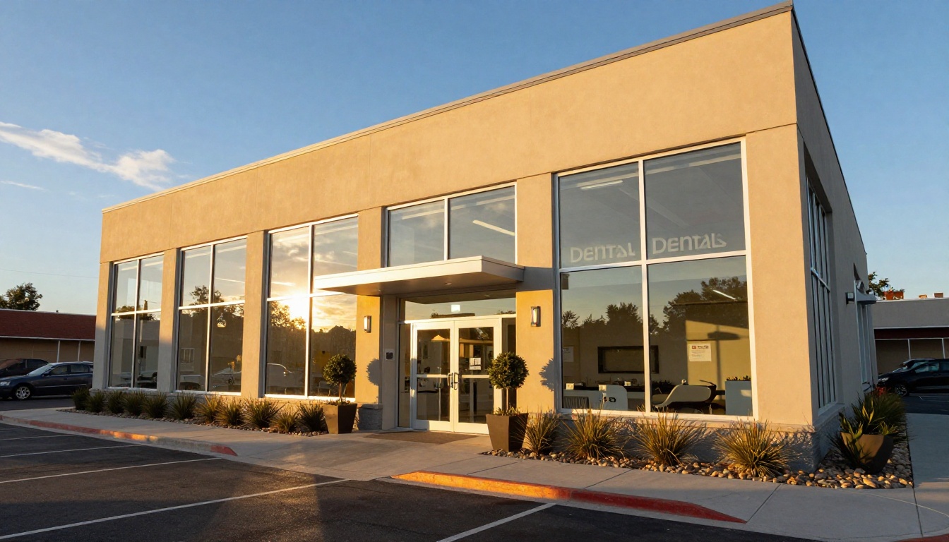 Modern dental office exterior building during golden hour with warm amber sunlight
