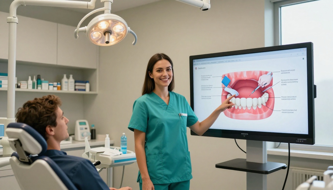Dental hygienist in teal scrubs pointing at educational flipbook on wall-mounted display in dental operatory