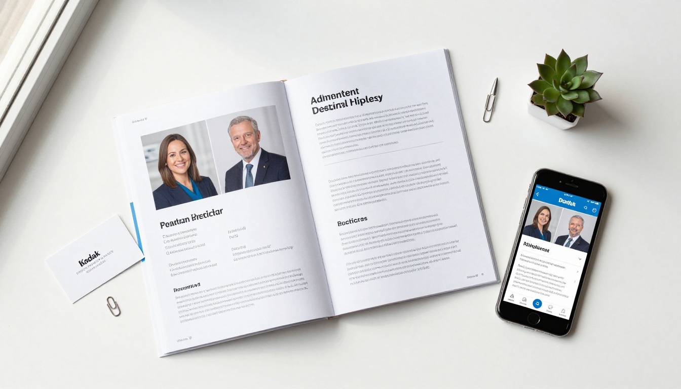 Flat lay of dental practice printed brochure and smartphone showing digital flipbook version side by side on white surface