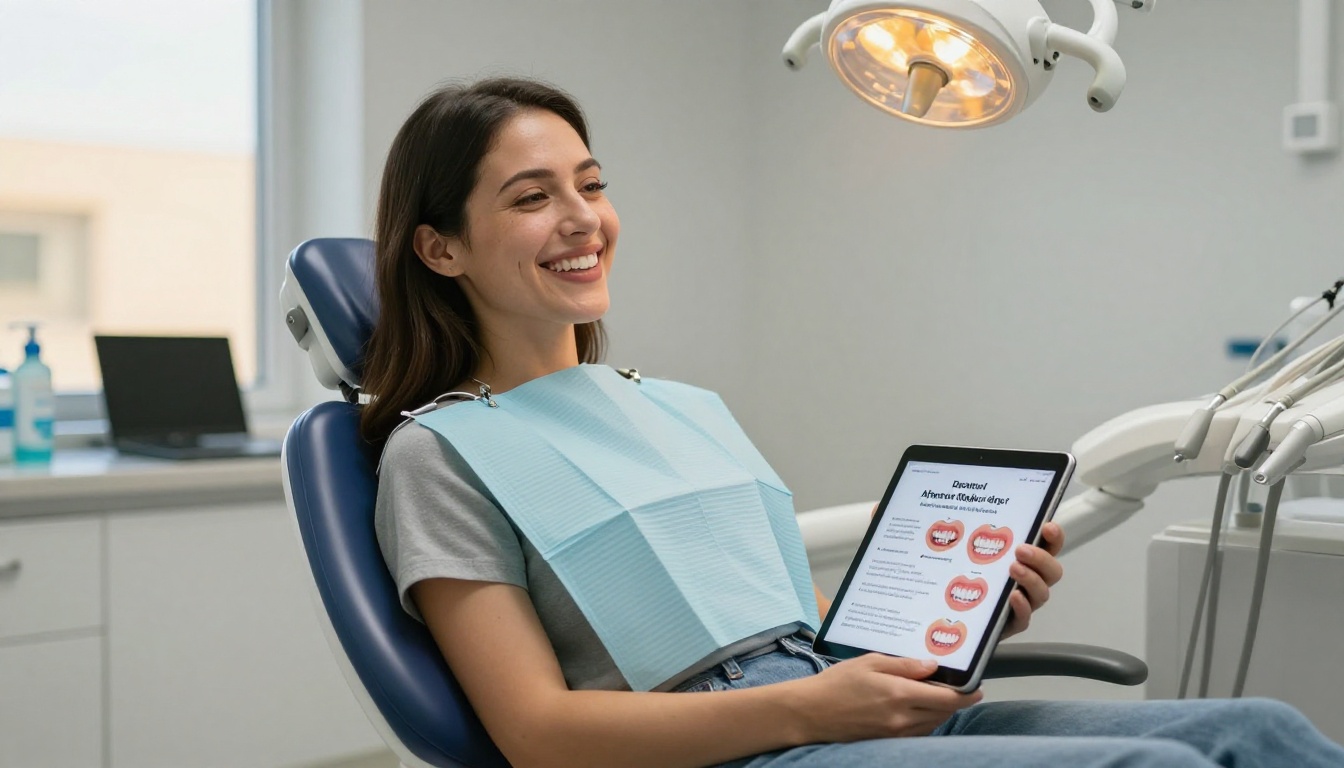 Happy patient with bright natural smile in dental chair holding tablet displaying aftercare flipbook after whitening treatment