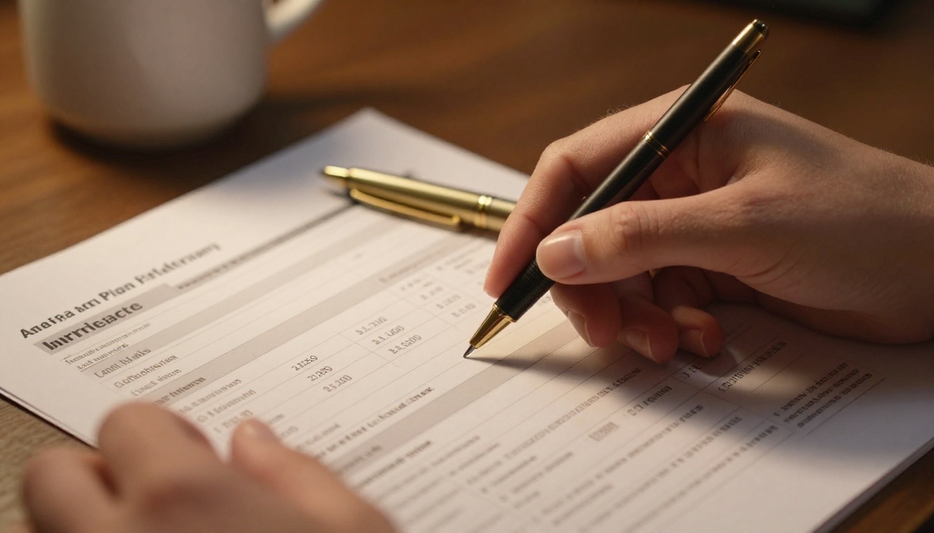 Nahaufnahme professioneller Hände, die auf ein Vergleichsblatt für Versicherungstarife zeigen, daneben ein goldener Stift auf einem warm beleuchteten Schreibtisch