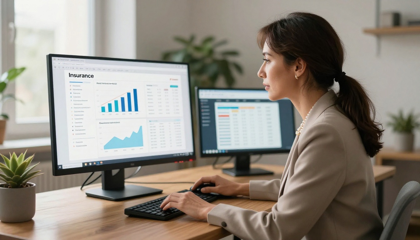 Professionelle Versicherungsmaklerin prüft eine digitale Tarifpräsentation auf einem großen Breitbildmonitor in einem modernen Heimbüro mit Pflanzen