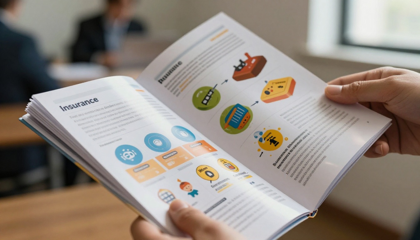 Close-up of hands gracefully flipping through pages of a glossy printed insurance plan flipbook brochure mid-turn showing infographic charts inside Close-up of hands gracefully flipping through pages of a glossy printed insurance plan flipbook brochure mid-turn showing infographic charts inside