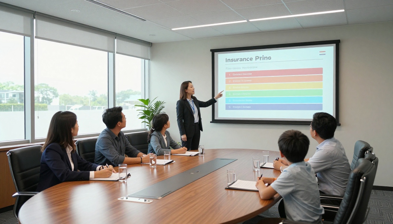 Wide shot of insurance agent presenting plan comparison on a large screen to a family of four in a bright professional conference room Wide shot of insurance agent presenting plan comparison on a large screen to a family of four in a bright professional conference room