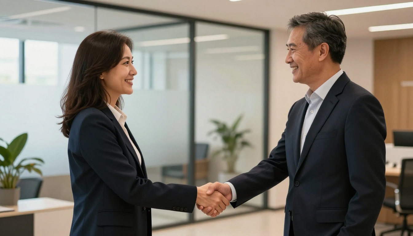 Warm handshake between an insurance agent in a dark suit and a satisfied middle-aged client in a bright modern financial office lobby Warm handshake between an insurance agent in a dark suit and a satisfied middle-aged client in a bright modern financial office lobby
