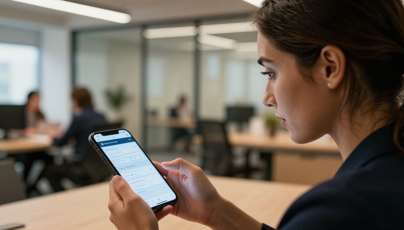 Side profile of a professional woman looking at her smartphone displaying an interactive insurance flipbook with page-turn animation in a modern open-plan office Side profile of a professional woman looking at her smartphone displaying an interactive insurance flipbook with page-turn animation in a modern open-plan office