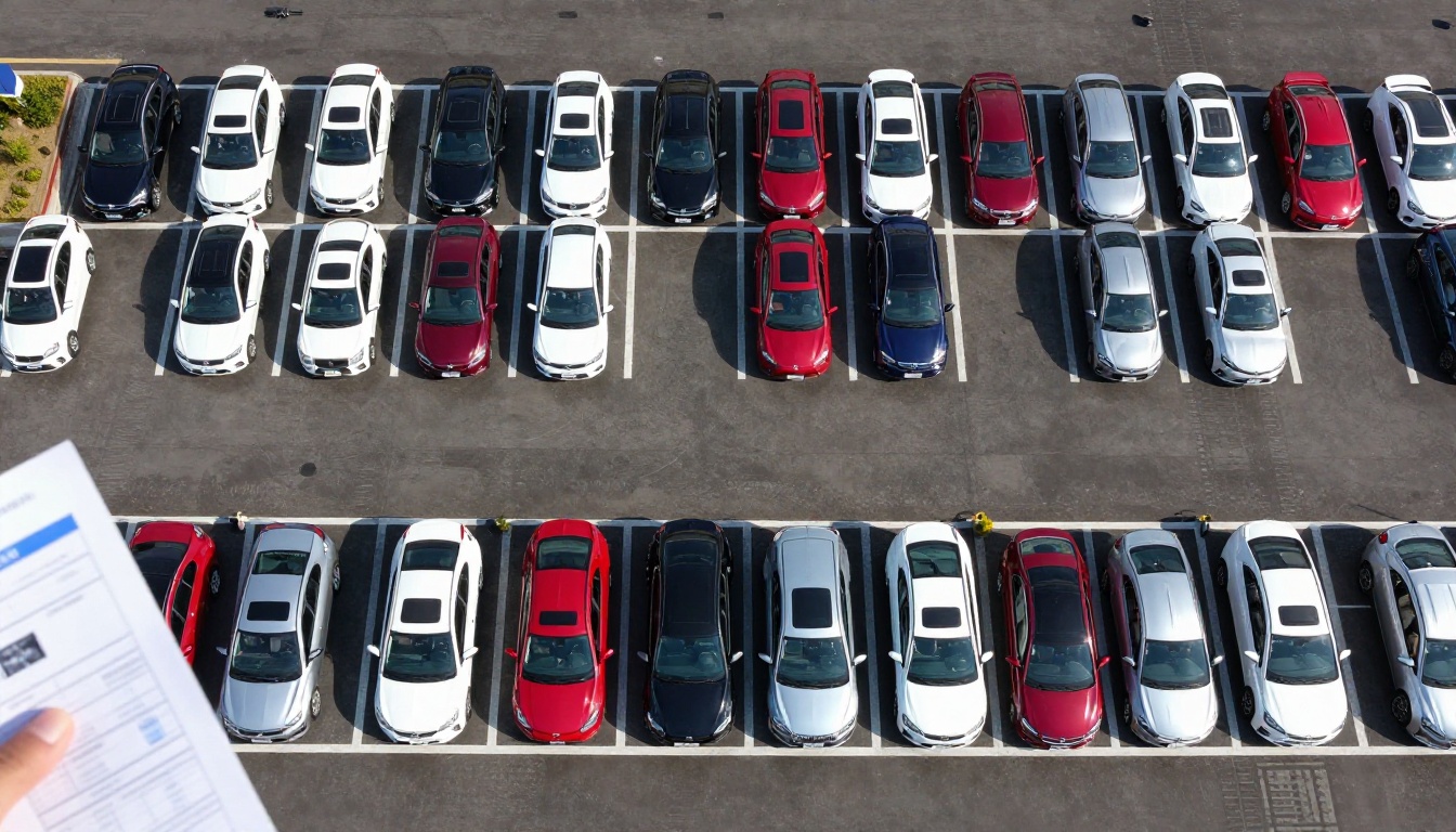 Car dealership inventory lot from above