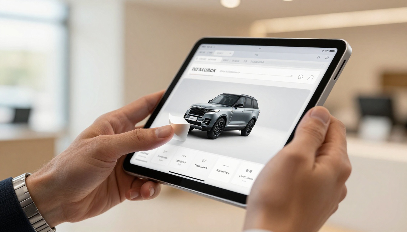 Hands holding tablet displaying digital car flipbook