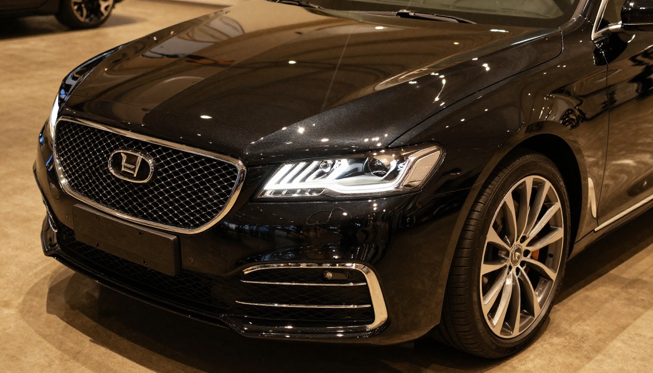 Low-angle view of luxury sedan grille in dealership showroom