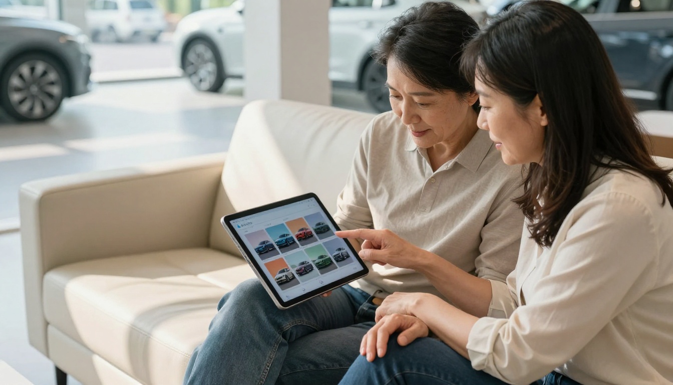 Customer couple browsing car flipbook on tablet in dealership lounge