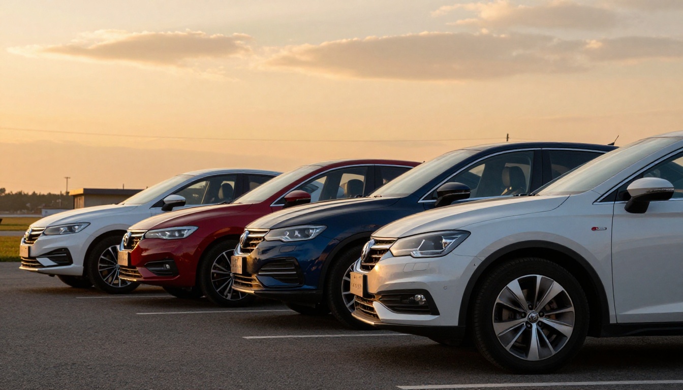 Row of cars lined up at golden hour at dealership lot