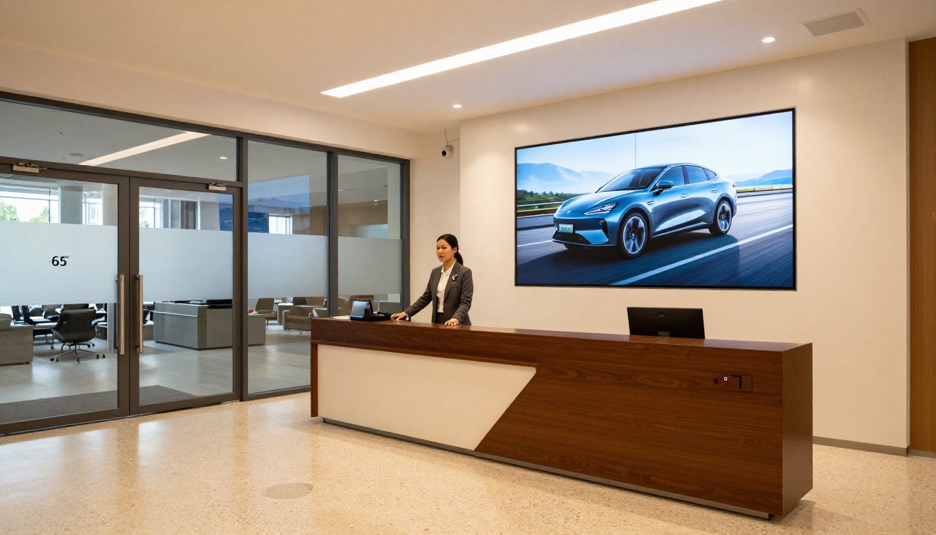 Modern dealership reception with digital flipbook on display screen