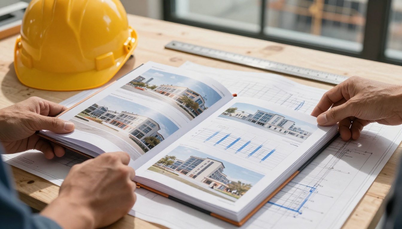 Construction project portfolio binder laid over detailed architectural blueprint drawings on a site table