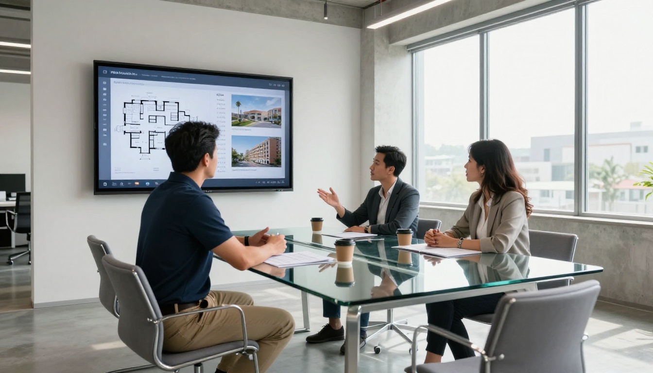 Wide-angle modern construction company client meeting room with digital flipbook displayed on wall screen