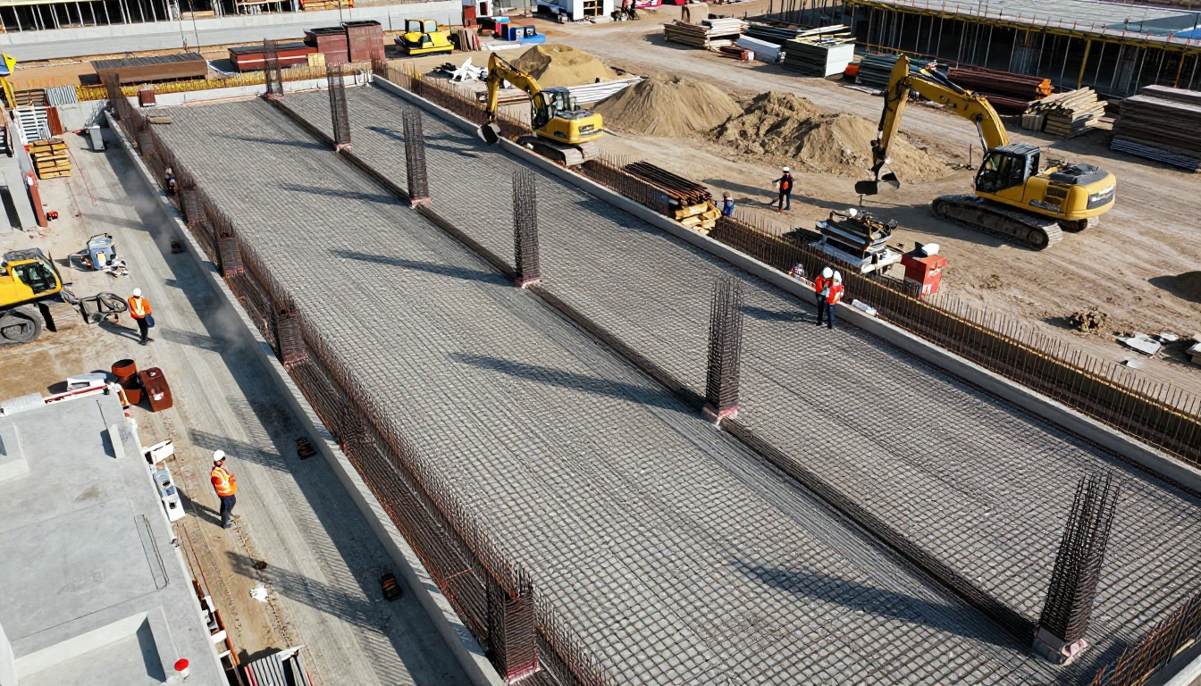 Aerial drone photograph looking straight down at active commercial construction site with rebar grids and excavators