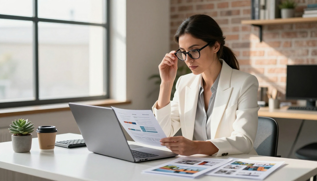 Female construction company owner working intently at modern desk preparing digital portfolio on laptop