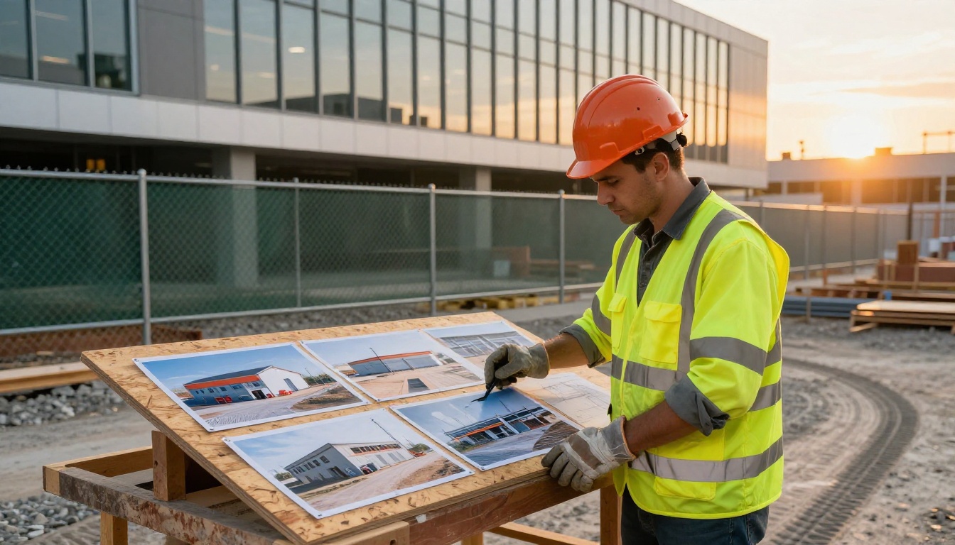 Construction site foreman reviewing printed project photographs spread across outdoor weathered workbench