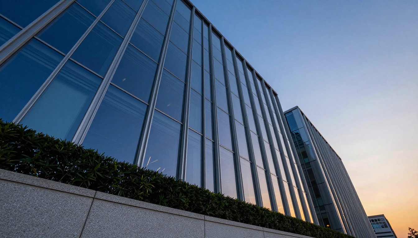 Dramatic low-angle shot of newly completed modern commercial glass and steel building facade at blue hour Dramatic low-angle shot of newly completed modern commercial glass and steel building facade at blue hour