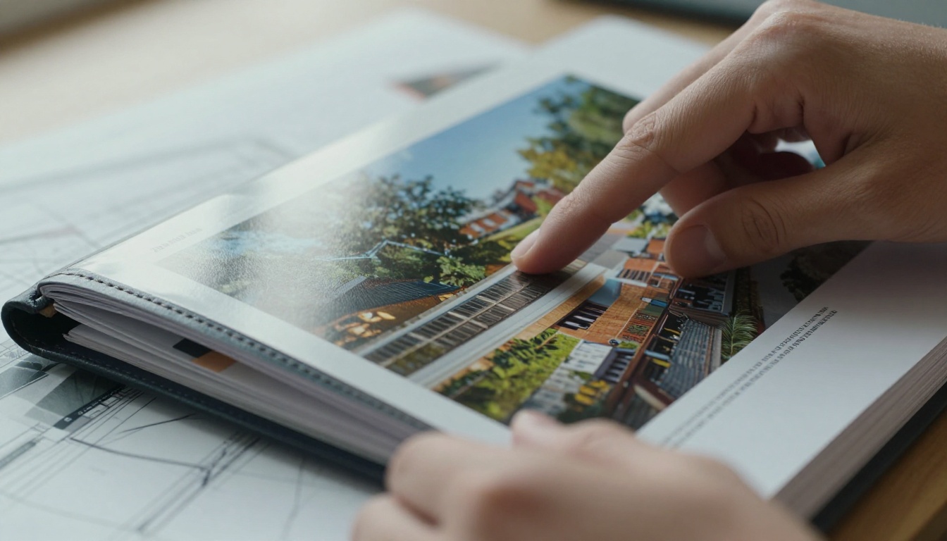 Close-up macro photograph of weathered hands flipping through pages of a high-quality printed construction portfolio binder Close-up macro photograph of weathered hands flipping through pages of a high-quality printed construction portfolio binder