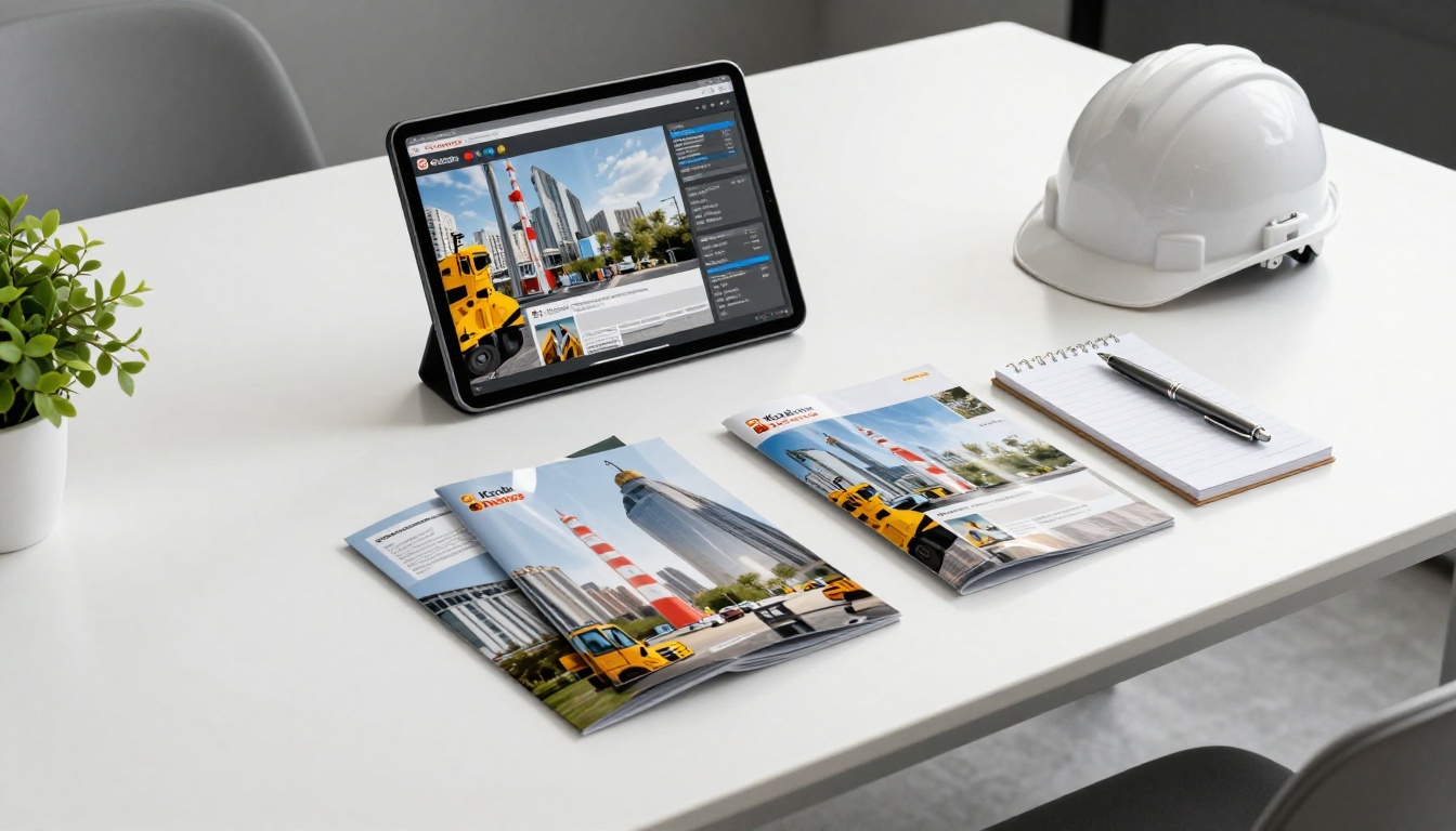 Construction company branded portfolio brochures and tablet presentation laid out on clean conference table Construction company branded portfolio brochures and tablet presentation laid out on clean conference table