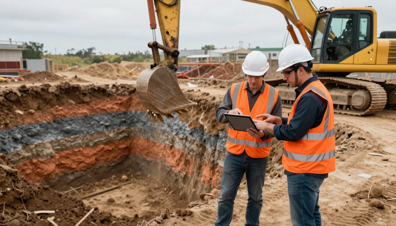 Two construction workers in full PPE gear reviewing a tablet together at the edge of an excavation pit Two construction workers in full PPE gear reviewing a tablet together at the edge of an excavation pit
