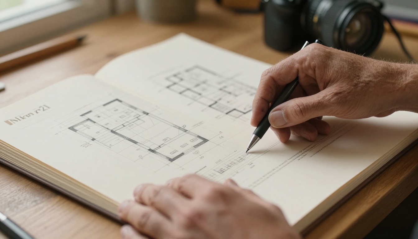 Architect's hands flipping through a printed project binder showing technical floor plans