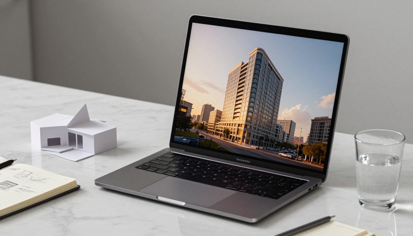 MacBook Pro on a marble desk displaying a digital flipbook architecture portfolio with a mid-page-turn effect