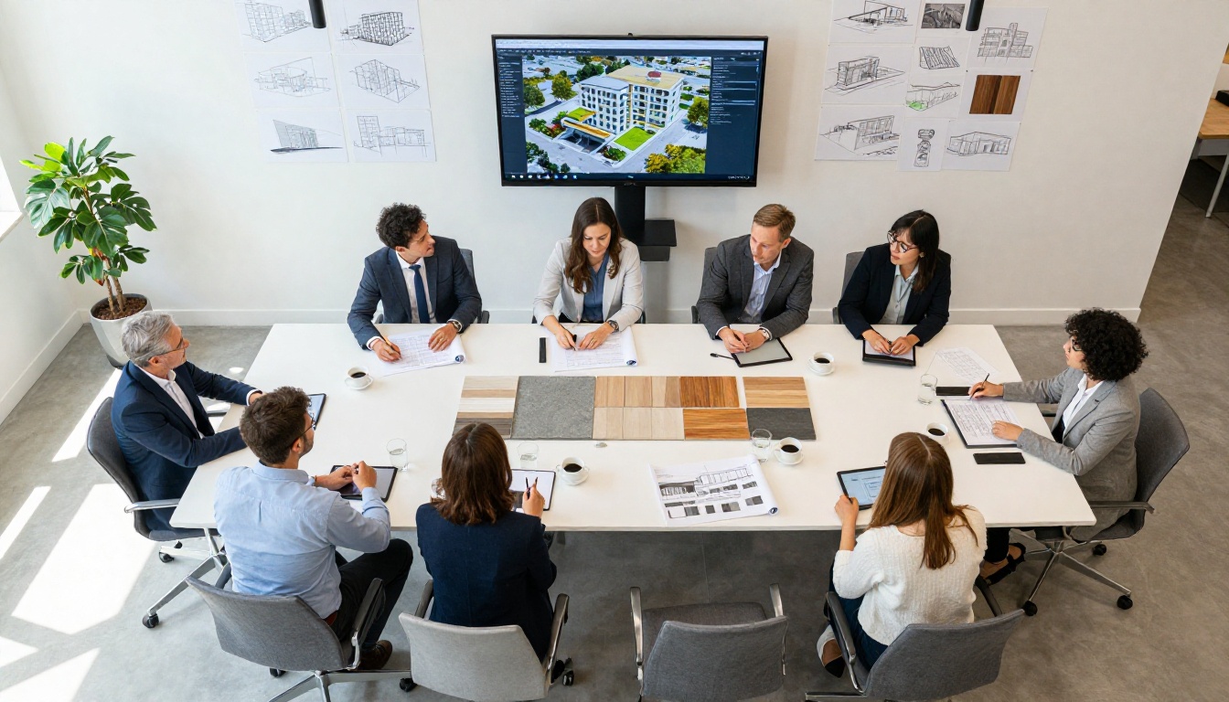 Aerial view of a modern architecture firm conference room with clients and architects reviewing digital presentations