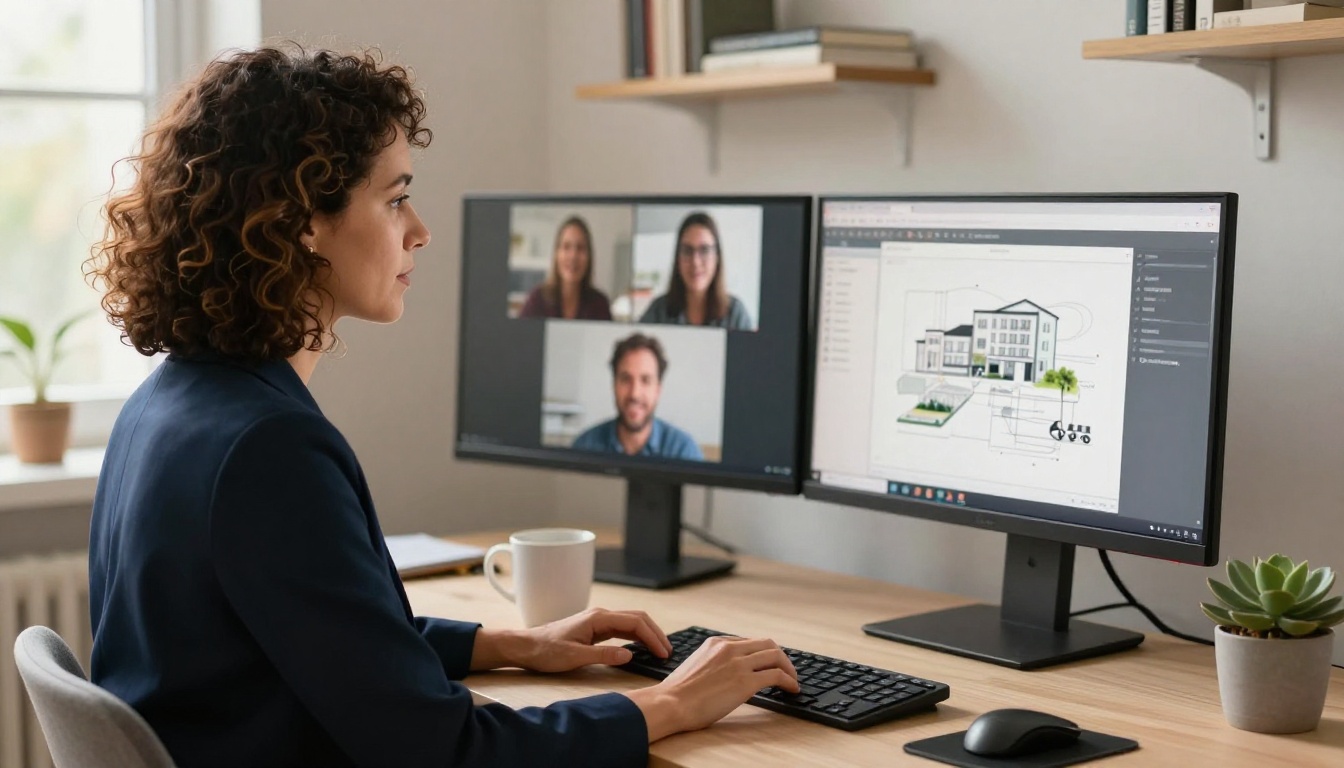 Female architect at home office with dual monitors presenting a flipbook portfolio to remote clients via video call