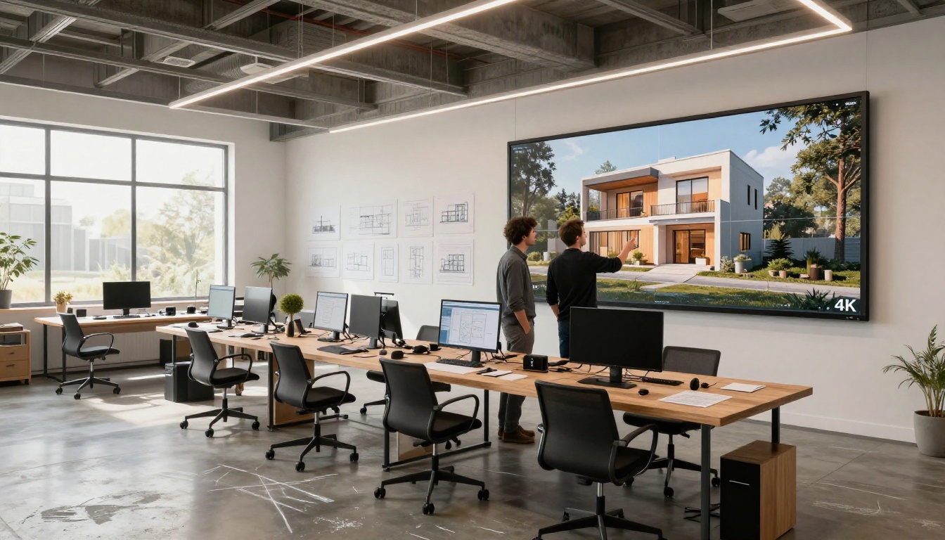 Contemporary architecture studio with large wall-mounted display showing a flipbook digital project book, two architects in discussion