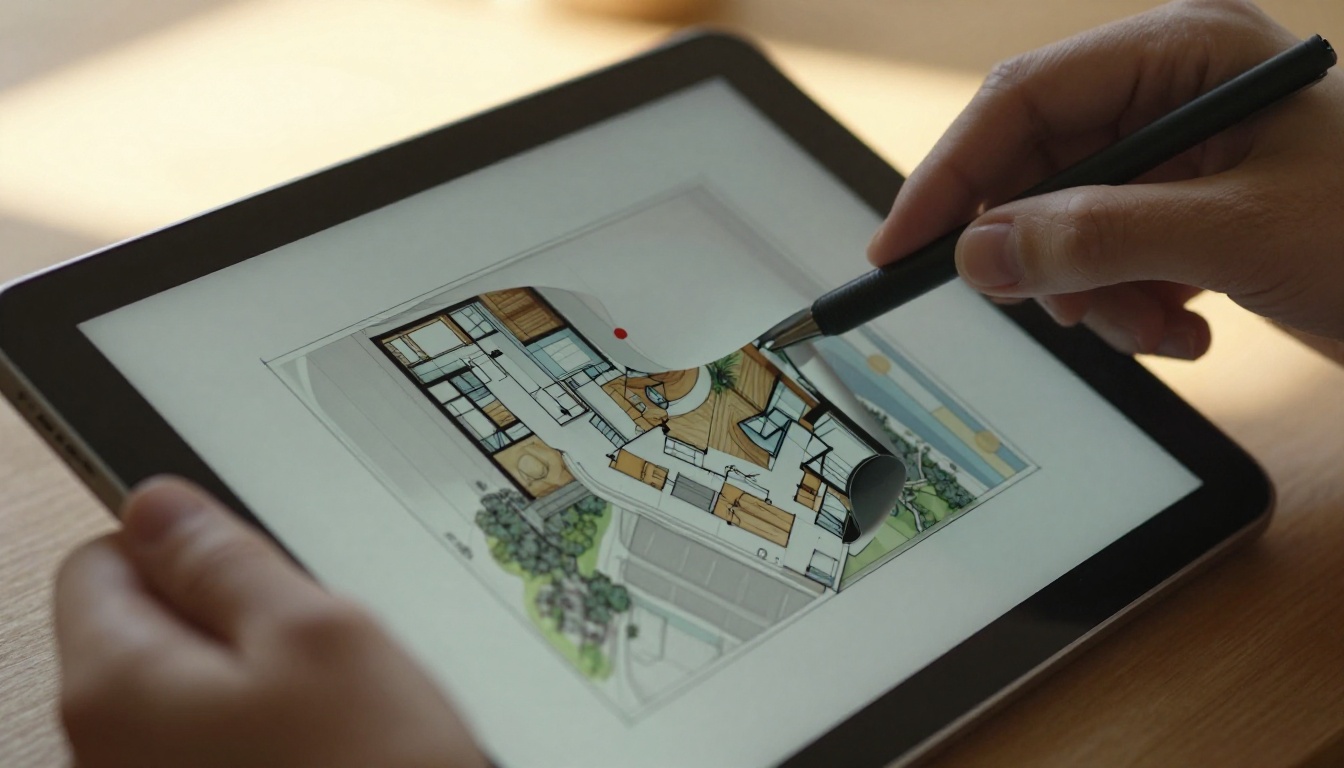 Close-up of hands holding a tablet showing a flipbook page-turn animation mid-curl on an architectural floor plan