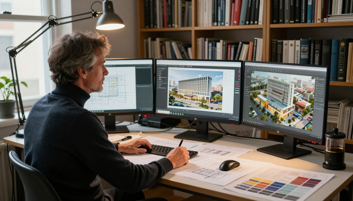 Male architect with salt-and-pepper hair at an L-shaped desk with three monitors displaying an architectural flipbook project book