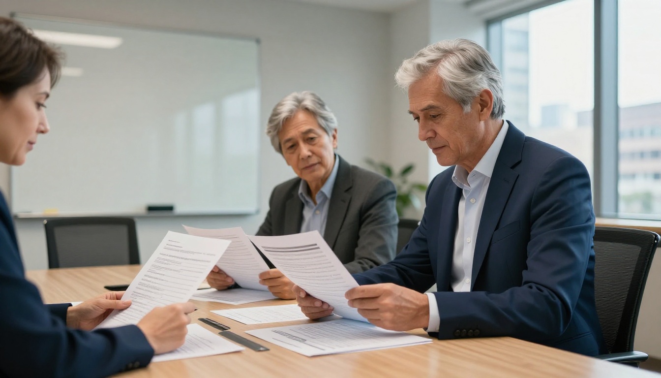 Financial advisor reviewing digital flipbook with client couple at conference table
