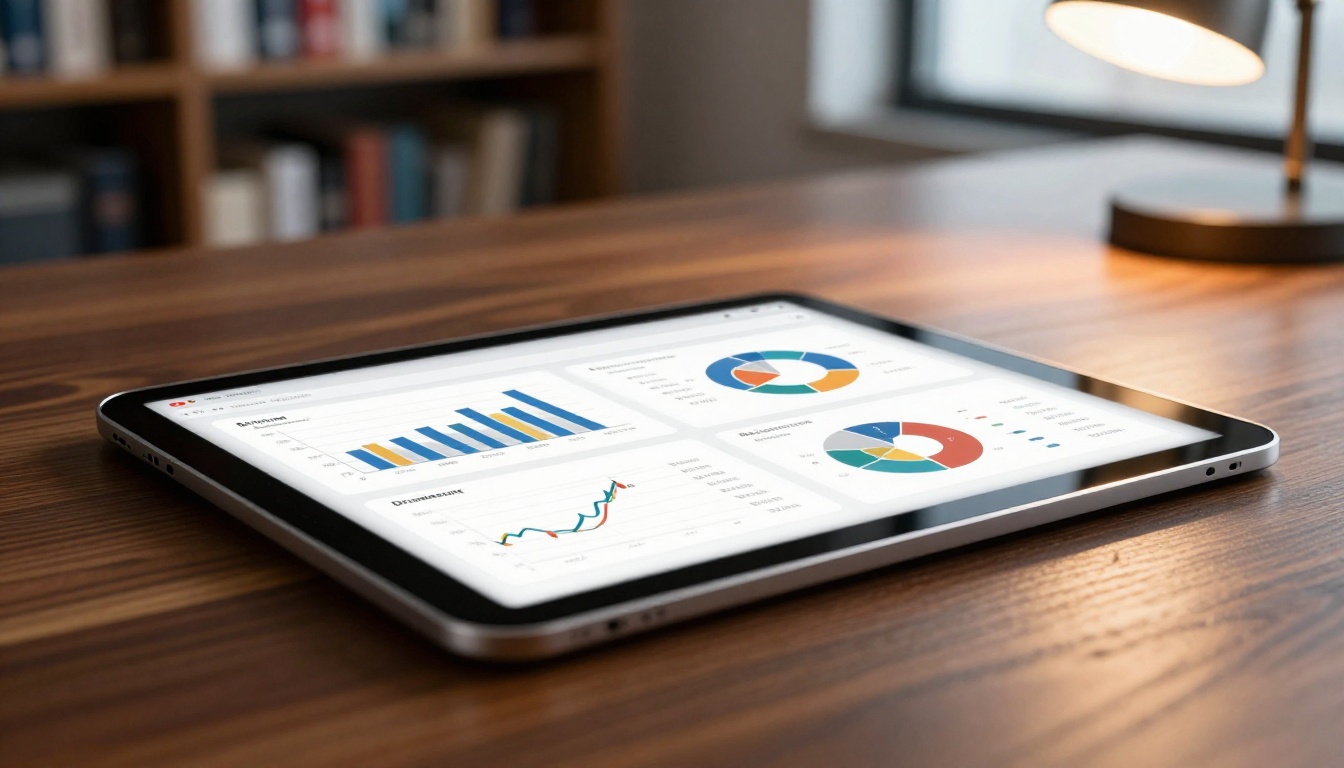 Close-up macro shot of digital flipbook with financial charts displayed on tablet