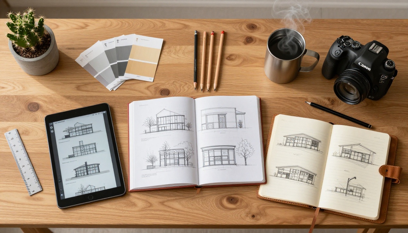 Flat lay overhead of an architect's oak desk with a printed project book beside a tablet showing the same content as a digital flipbook
