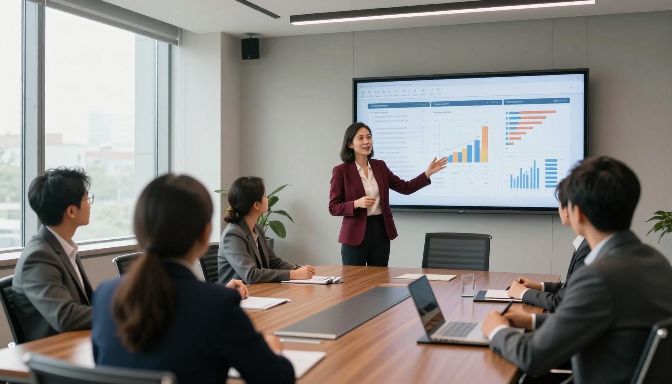 Female financial advisor presenting investment portfolio to clients in modern boardroom