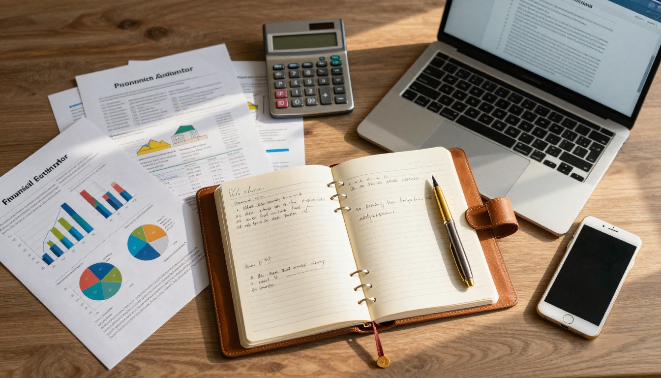 Aerial flat-lay of organized financial advisor desk with printed documents, calculator, and laptop