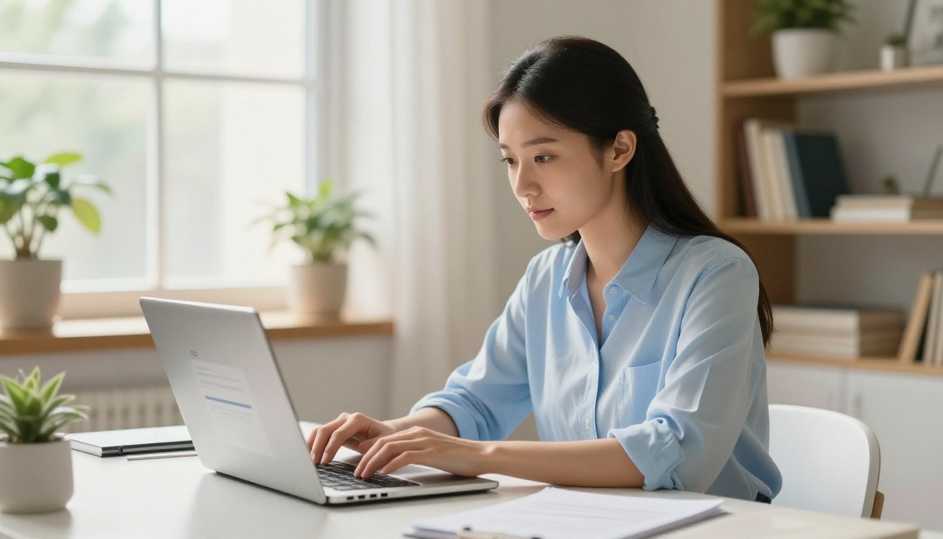 Young professional woman uploading PDF document on laptop in bright home office