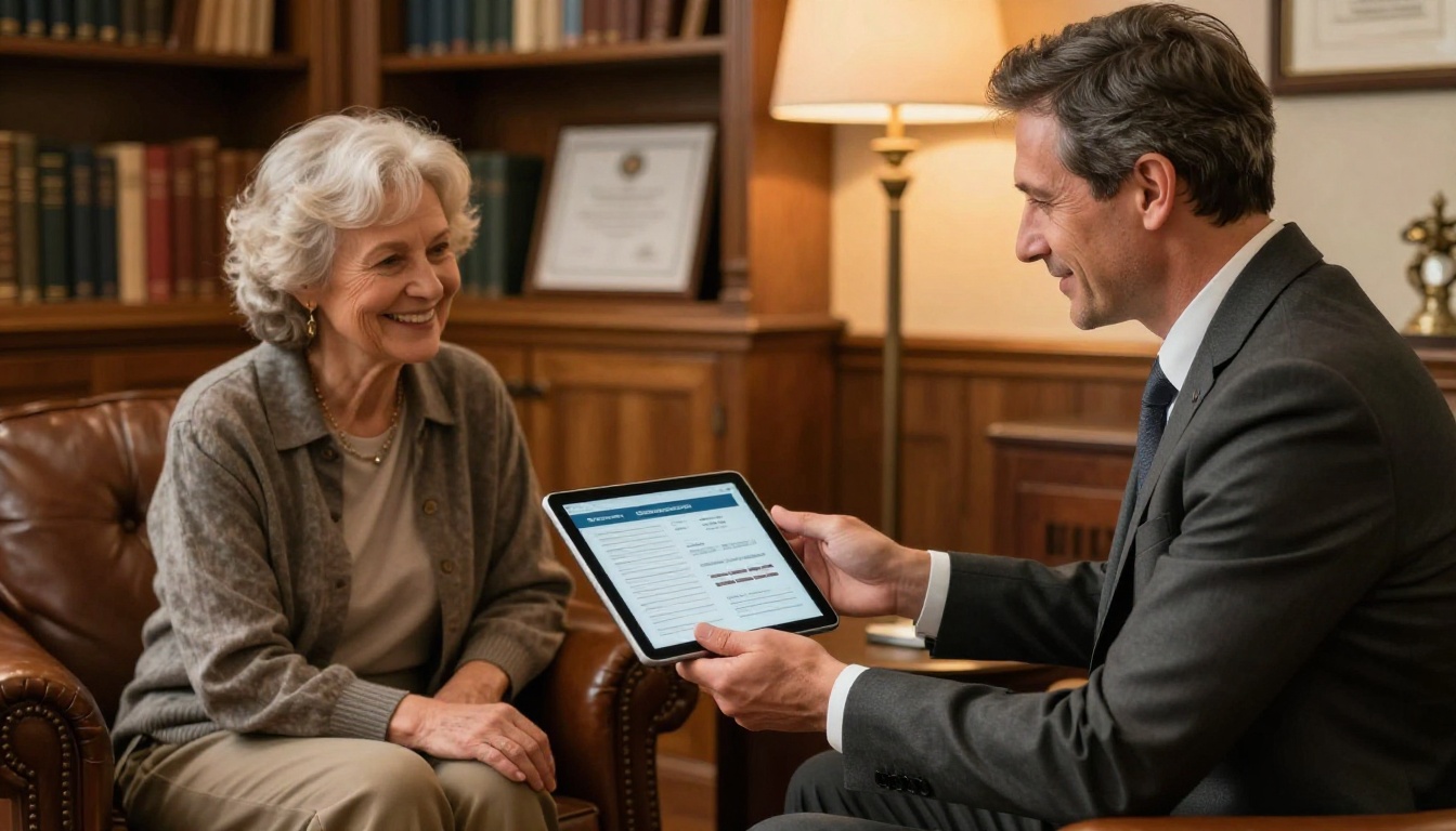 Financial advisor sharing digital flipbook on iPad with elderly client couple in warm advisory office