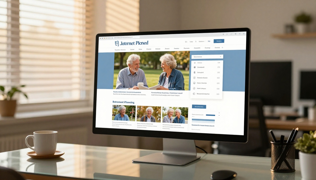 Retirement planning digital brochure displayed on wide monitor in professional advisory office