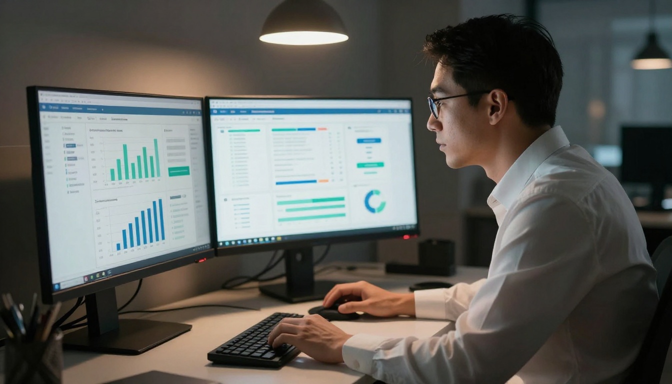 Financial advisor studying analytics dashboards on dual monitors in evening office setting