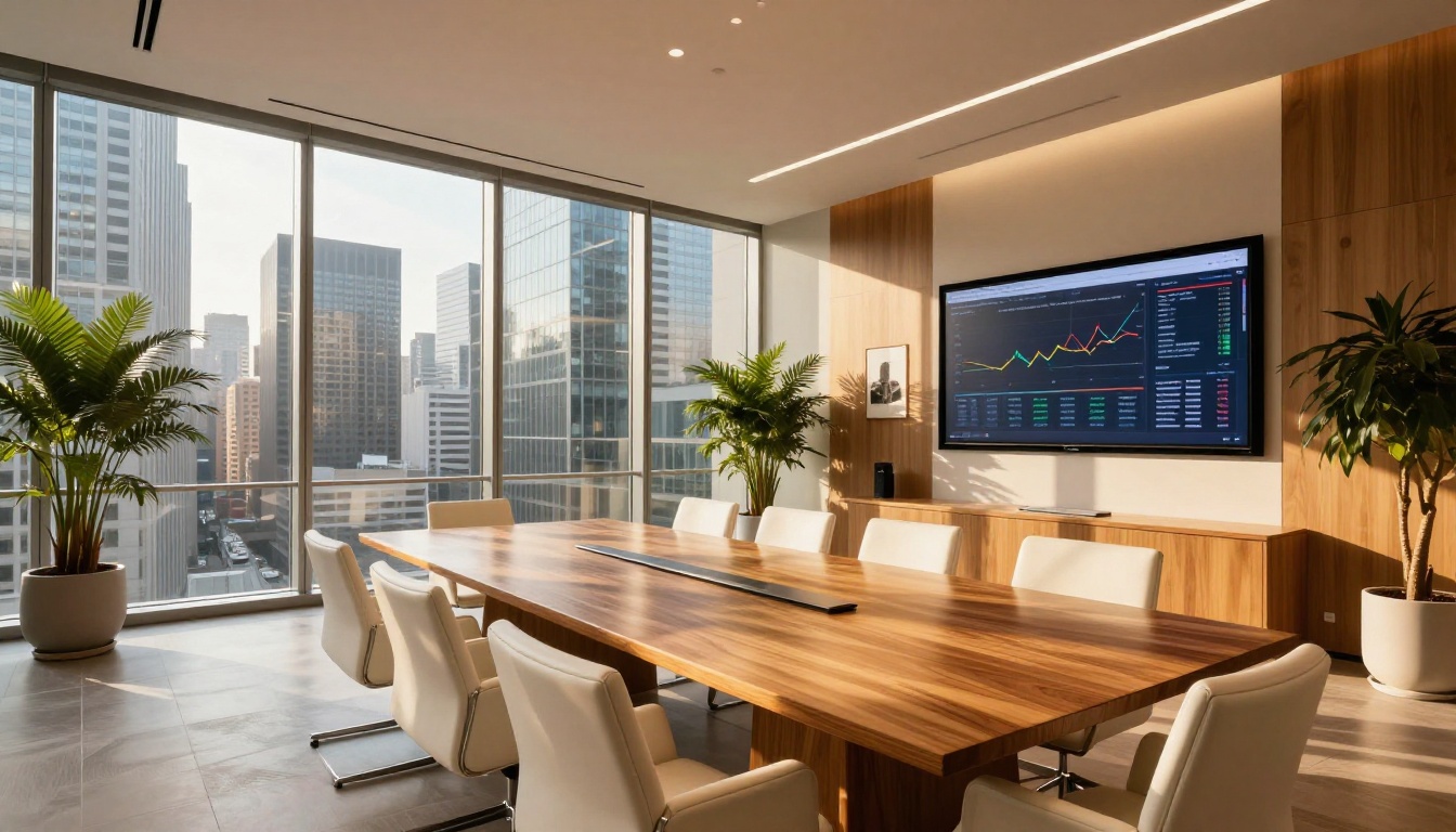 Contemporary financial advisory office with panoramic city view windows and long conference table