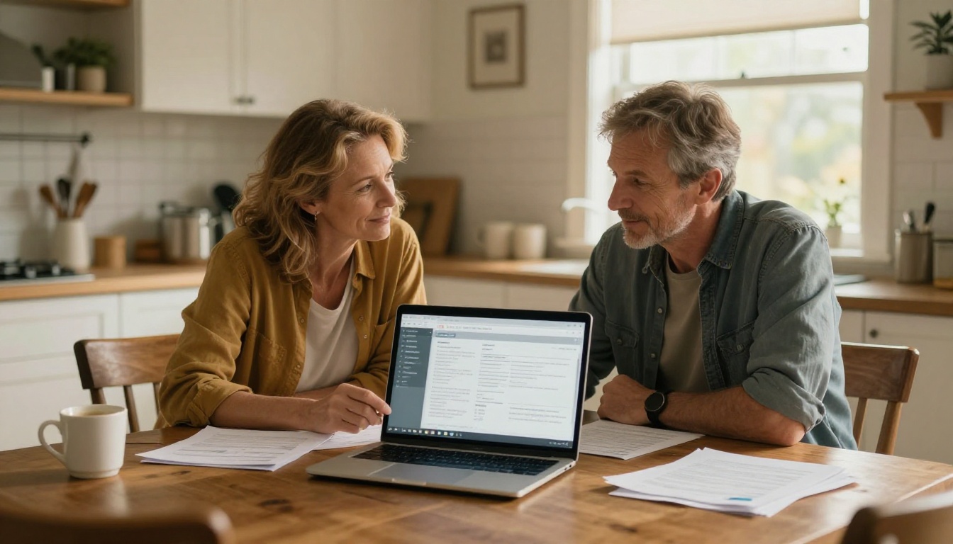 First-time homebuyer couple reviewing mortgage documents on a laptop at their kitchen table