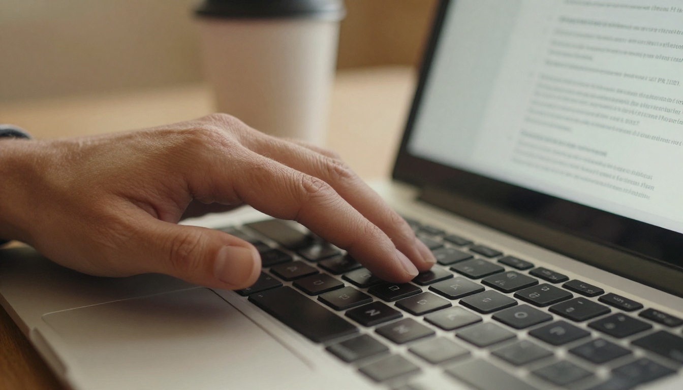 Hands typing on a laptop uploading a PDF mortgage document to a web platform
